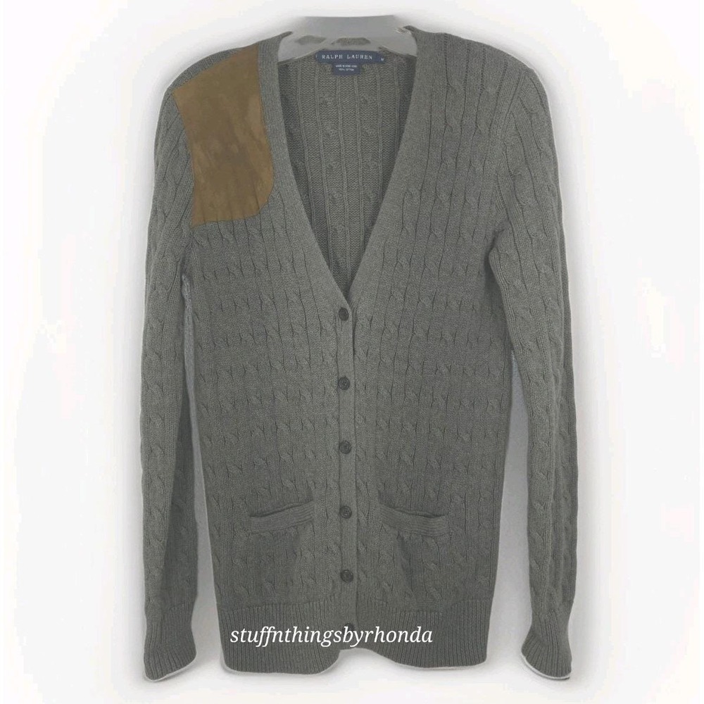 Ralph Lauren Vtg Womens Med Shooting Cardigan Cable Knit Suede Shoulder Patch - Picture 1 of 9
